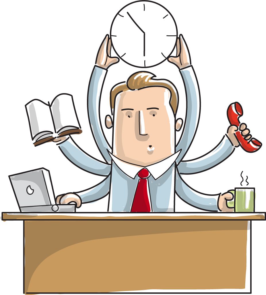 Cartoon of man behind desk juggling things to do