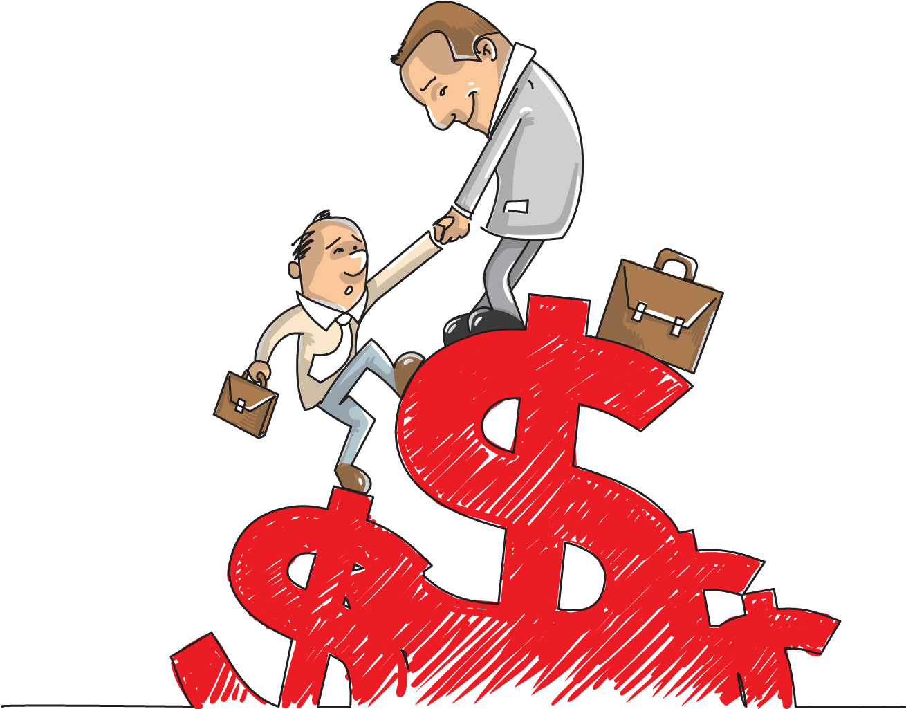 Cartoon of man dragging someone to success