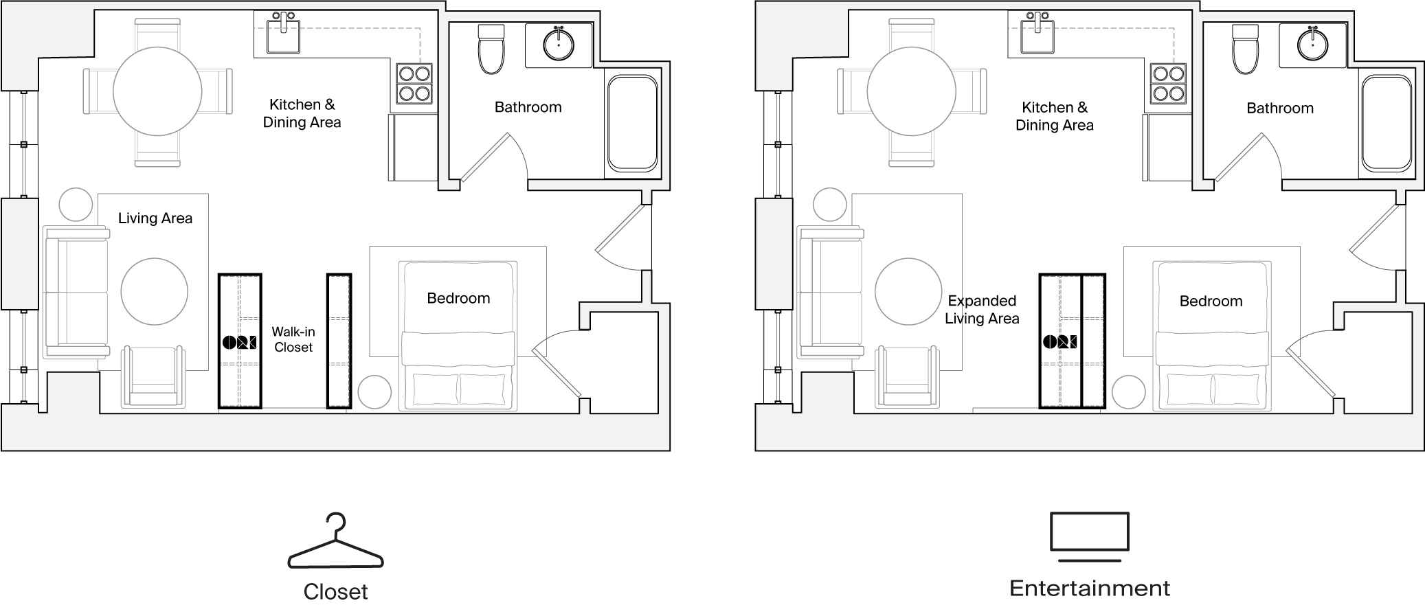 A floorplan for an apartment with an Ori Pocket Closet