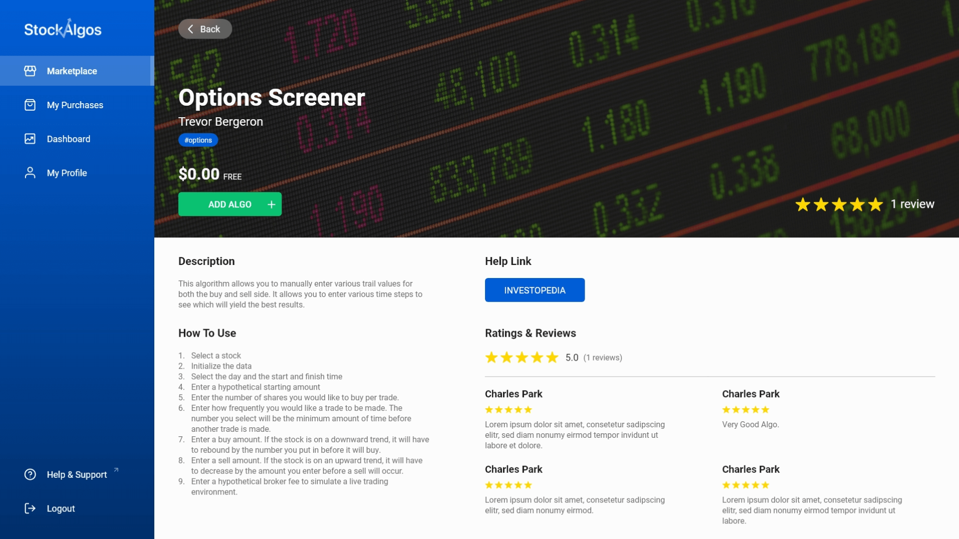 Stockalgos 1.0 item page screemshot