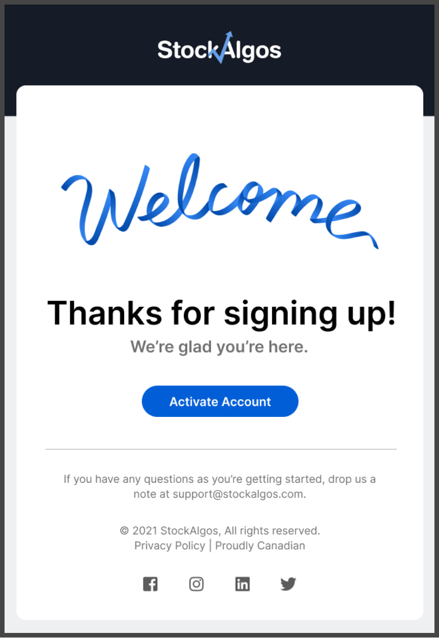 Stockalgos welcome email template