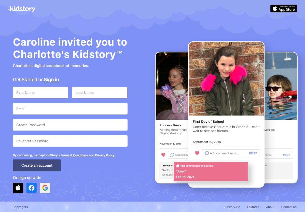 Kidstory web signup page

