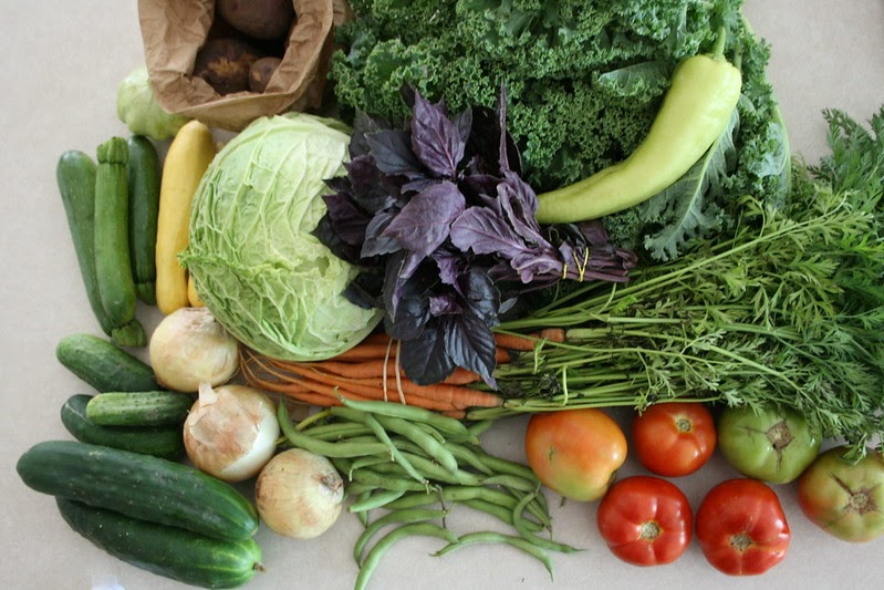 Fresh produce from a farm delivery arranged on a table. ("CSA Week 3" by Megan Myers is licensed under CC BY-NC-SA 2.0).