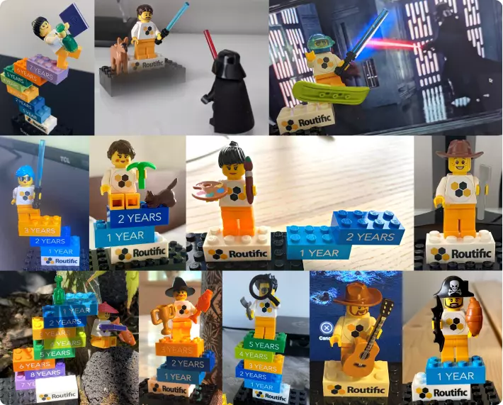 Collage of Routific team members' personalized Lego characters.