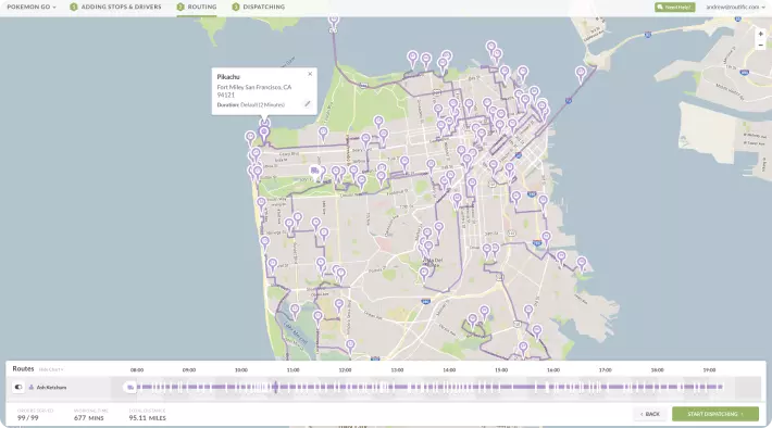 Map showing an optimized route around San Francisco Pokemon locations.