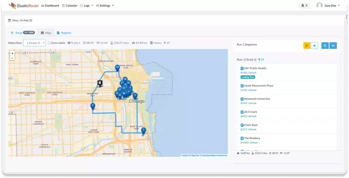 Screenshot showing ElasticRoute's route around the Chicago stops used as a test for this article. The route is shown in blue against a background map that highlights main roads in yellow. Individual stop numbers are shown in blue callouts on the map. A sidebar lists stops by name and doesn't show addresses.