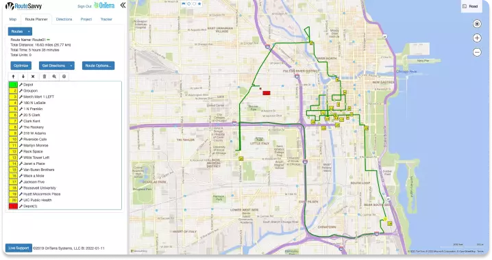 Screenshot showing RouteSavvy's route around the Chicago stops used as a test for this article. The route is shown in green on a highly detailed background map. Individual stops are shown in numbered yellow callouts. A sidebar lists all the stops by name.