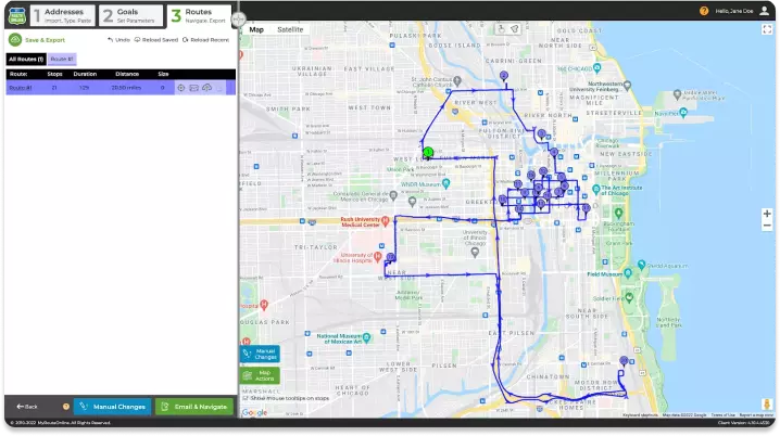 Screenshot showing MyRoute Online's route around the Chicago stops used as a test for this article. The route is shown in blue on a detailed background map that resembles a Google map. Individual stops are shown in numbered dark blue callouts. A sidebar shows the route name but no stop details.