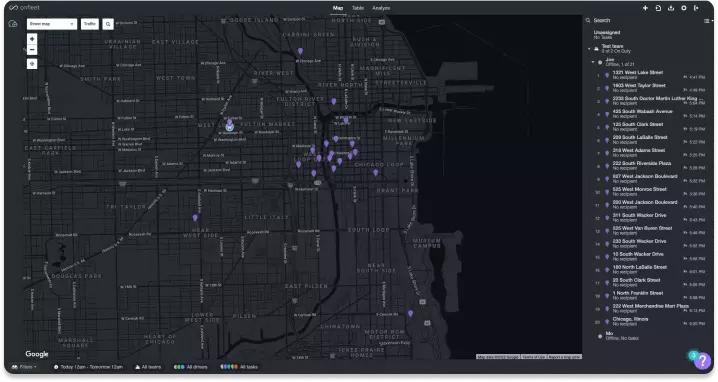 Screenshot showing Onfleet's treatment of the Chicago stops used as a test for this article. Individual stops are shown as purple callouts on a grey and black background map. There is no route visible. A sidebar shows a list of stops including addresses.