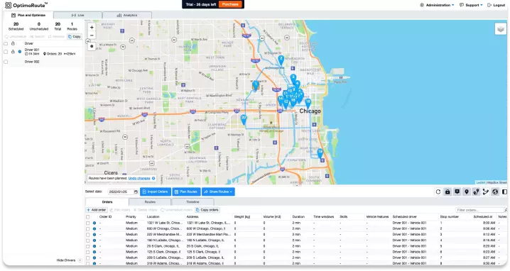 Screenshot showing Optimoroute's route around the Chicago stops used as a test for this article. The route is highlighted in blue on a detailed map. Individual numbered stops are in blue callouts. A sidebar shows drivers, and stop details for each driver, including addresses, are at the bottom of the screen.