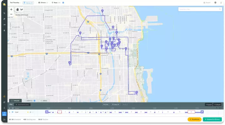 Screenshot showing Routific's route around the Chicago stops used as a test for this article. The route is shown in blue on a detailed background map. Individual numbered stops in in blue callouts. At the bottom of the screen is a timeline showing all the stops on the route.