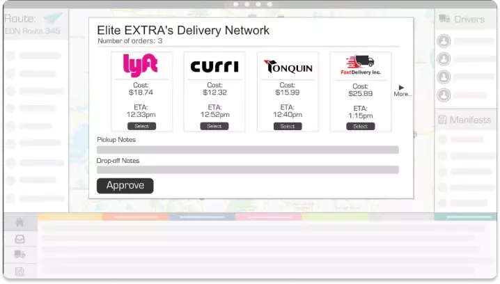 Screenshot from Elite Extra's website showing companies in their delivery network. Four companies are listed: Lyft, Curri, Tonquin and FastDeliveryInc. Each company detail card included an estimated cost and time of delivery. A "More" arrow at right suggests there are other options to consider. There are input fields for pickup and dropoff notes, and an "Approve" button at the bottom of the window.