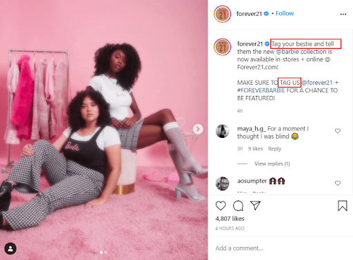 An Instagram post from Forever 21, which shows an example of a call to action.