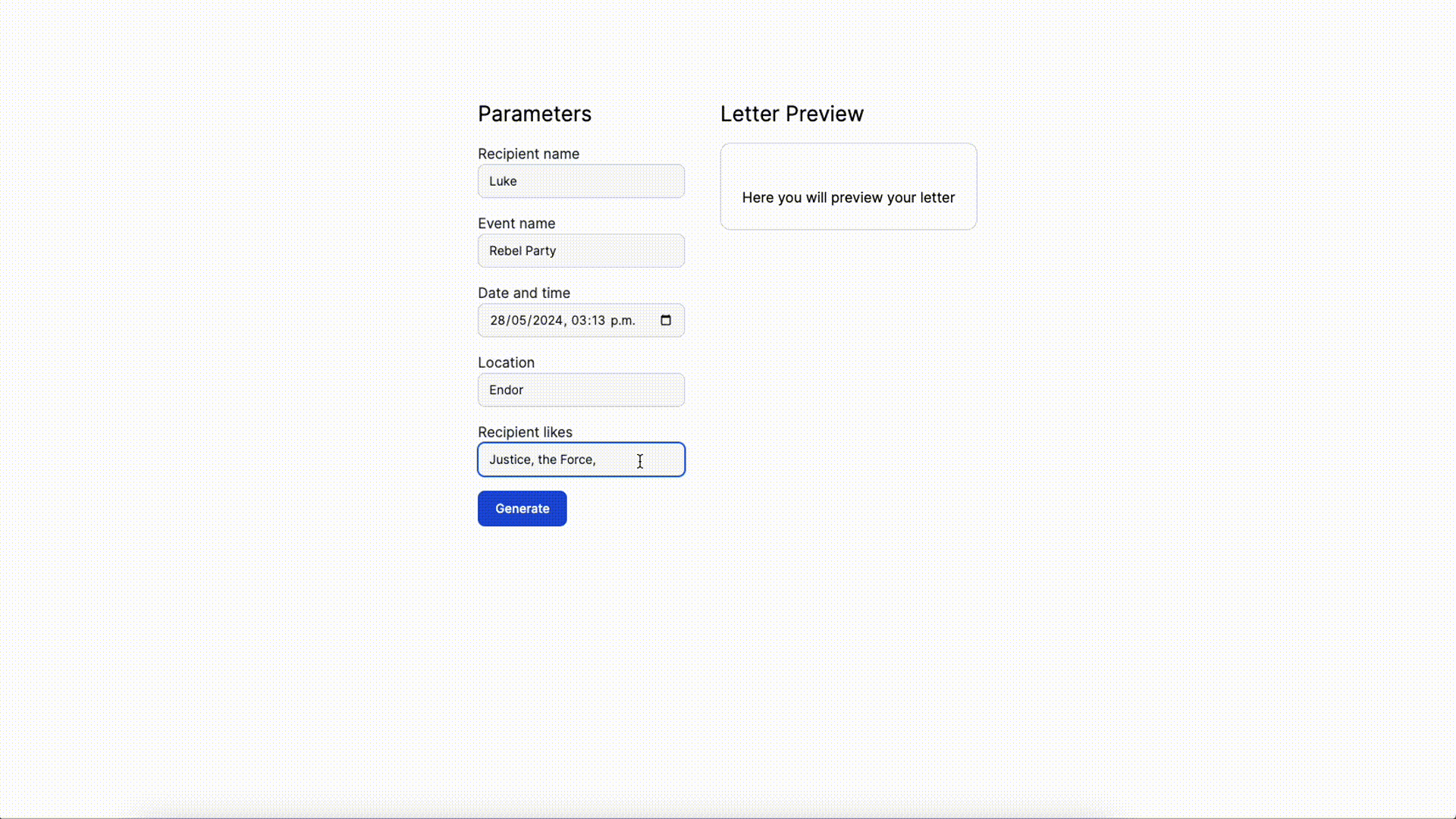 Gif demo generating an invitation letter