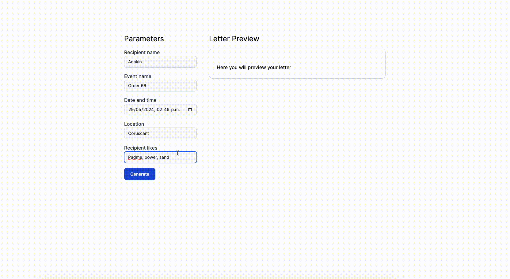 Gif demo generating an invitation letter using turbo streams