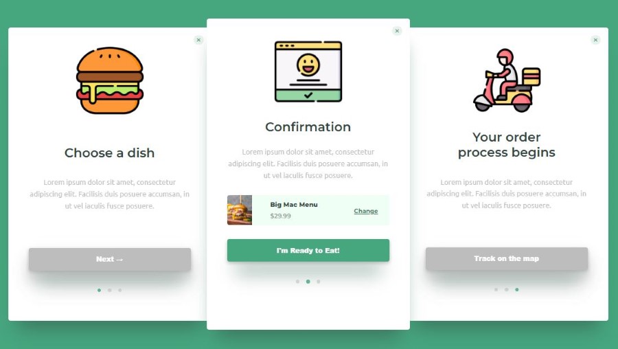 Three images of food ordering steps