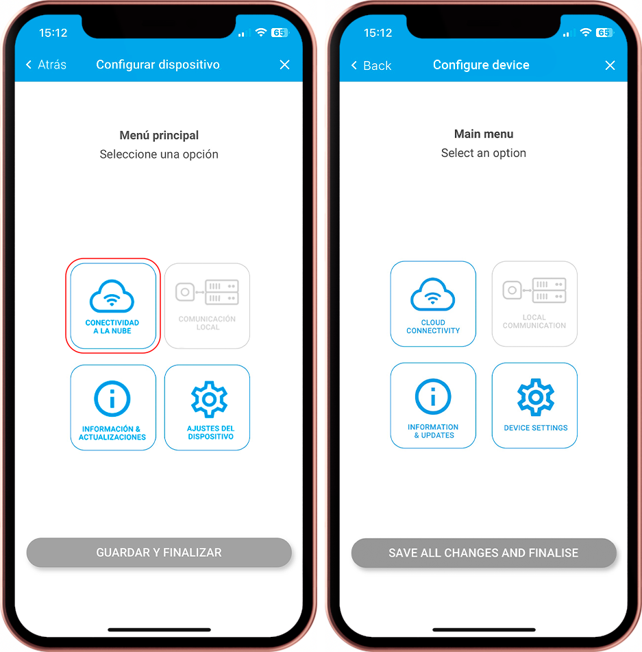 Menú principal de la app inBiot Setup