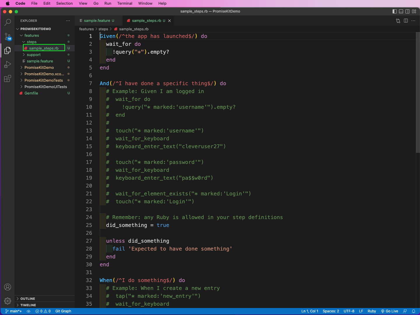 We also have a sample_steps.rb file, which contains steps written in Ruby.