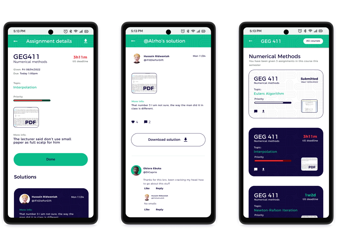 dubbly high fidelity mock ups, assignments, solution and course details screen