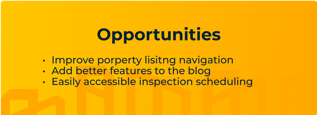 opportunities for improvement from competitive audit, Improve porperty lisitng navigation ,Add better features to the blog ,Easily accessible inspection scheduling