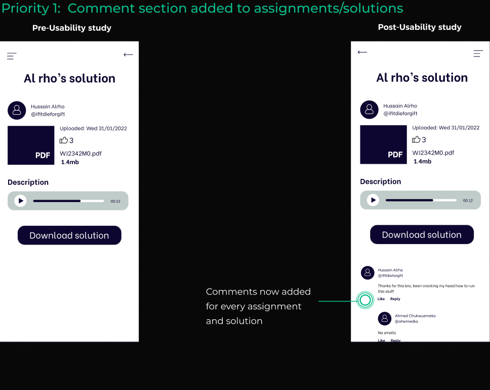 comment section added to assignments and solutions  which is an iteration on the usability study findings