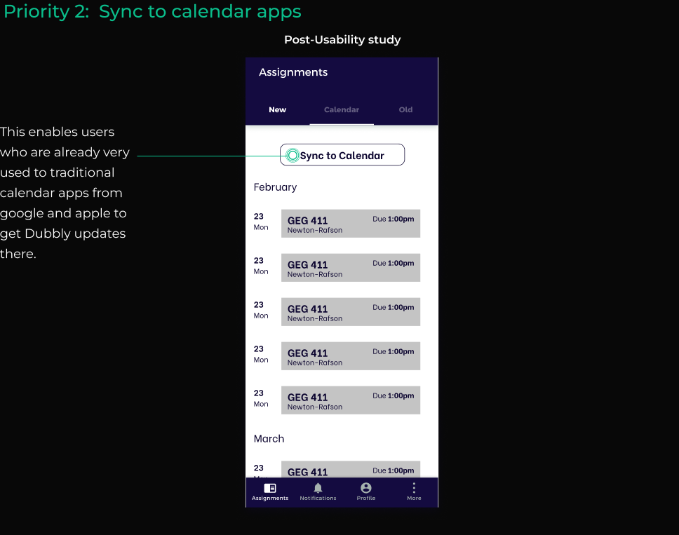 sync to calendar apps which is an iteration on the usability study findings