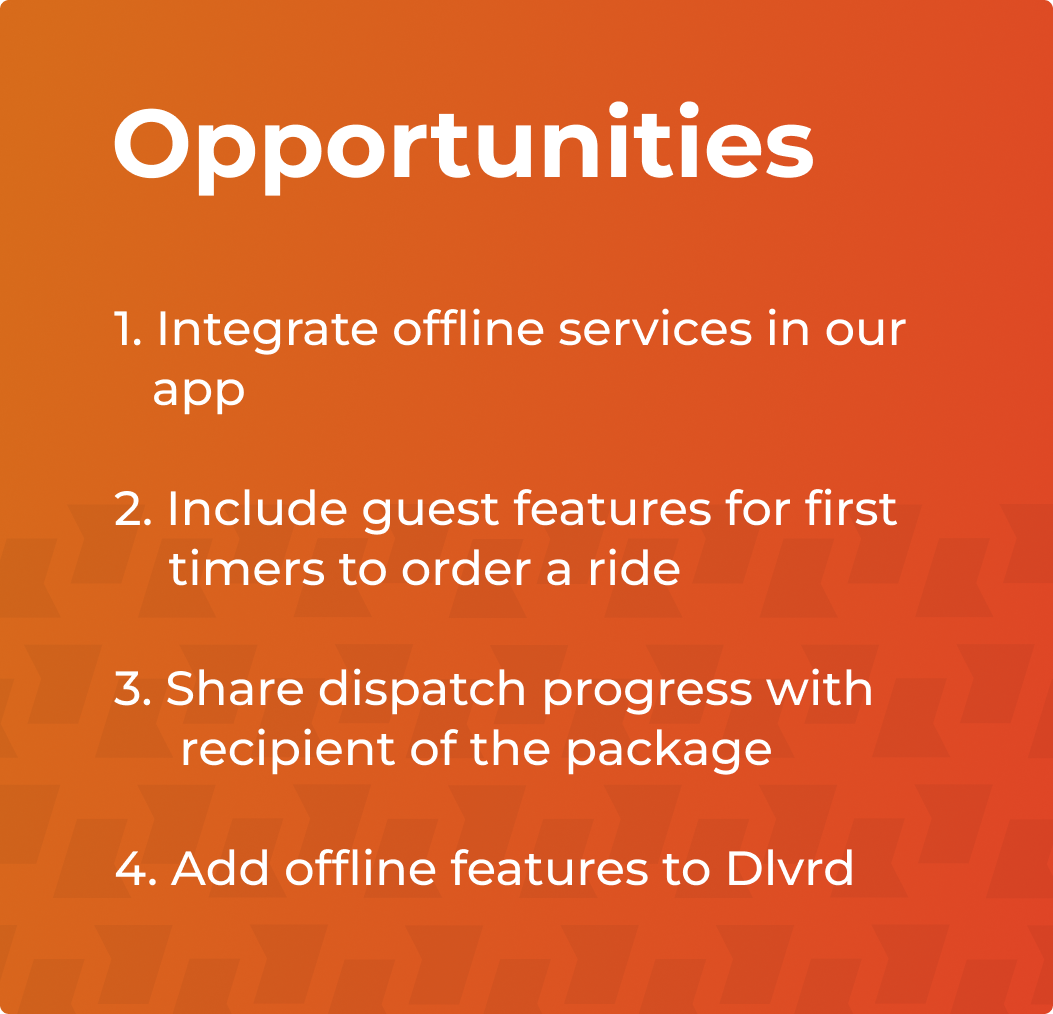 Key finding from the delivered project competitive audit, opportunities for improvement which are integrate offline services, include guest login feature, share dispatch progress with recipient of package