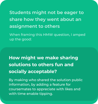 Students might not be eager to share how they went about an assignment to others. When framing this HMW question, I amped up the good: How might we make sharing solutions to others fun and socially acceptable? By making who shared the solution public information, by adding a feature for coursemates to appreciate with likes and with time enable tipping.