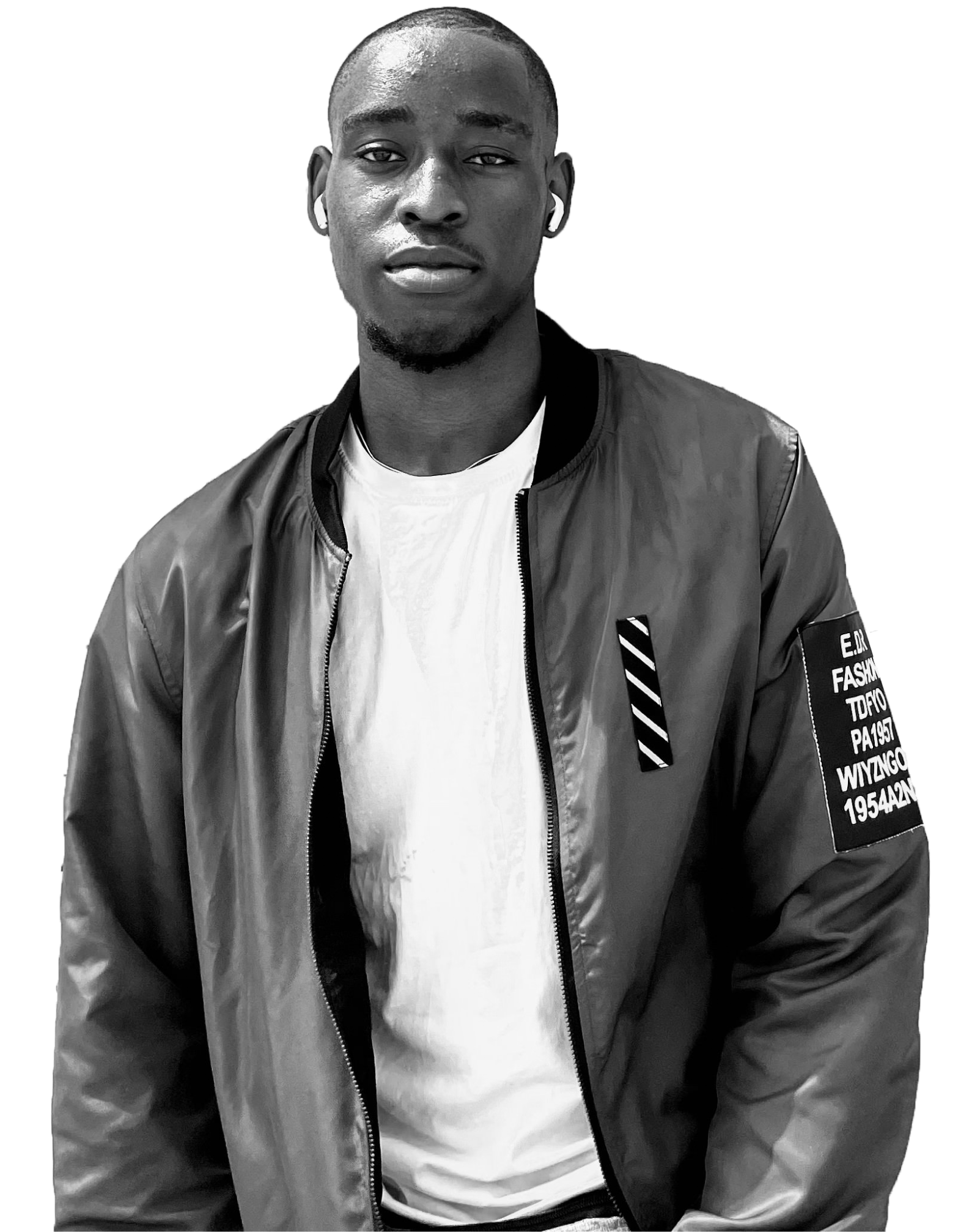 picture of userman wearing a varsity jacket on white tees