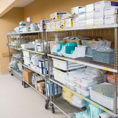 A stack of medical supplies