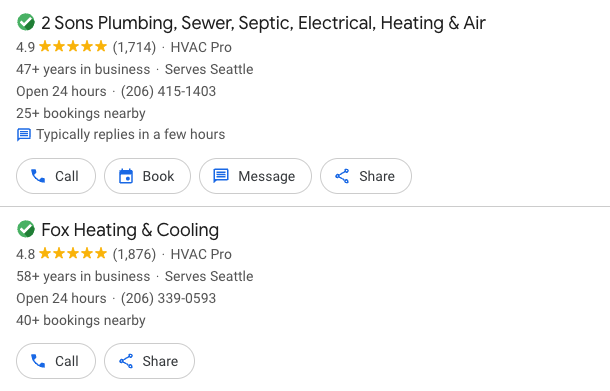 Example of HVAC services using Google Guarantee and their reviews
