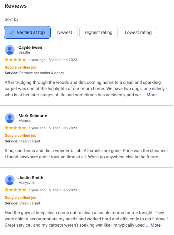 Google verified job review examples for services