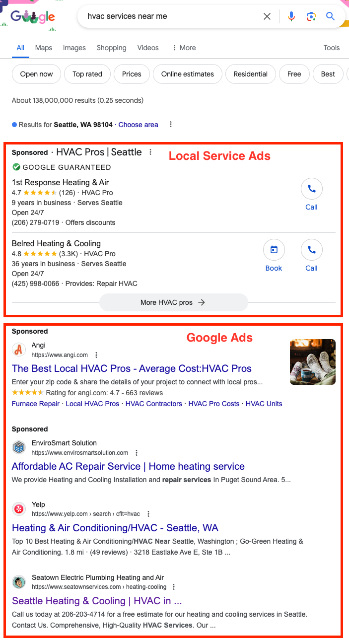 Difference between Google Ad and Local Service Ad for an HVAC service