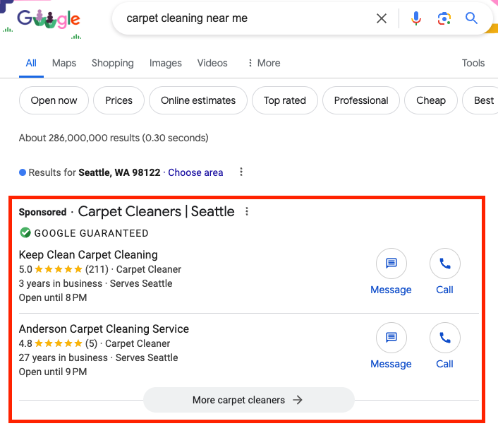 A cleaning service using Local Service Ad.