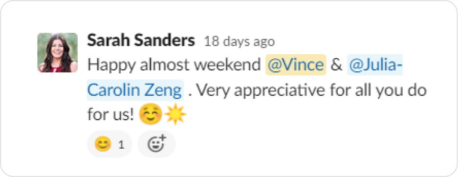 Screenshot of a very positive slack comment