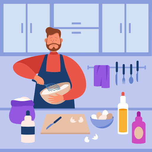 illustration of a man in a kitchen cooking and baking a cake, eggs and oil. steer