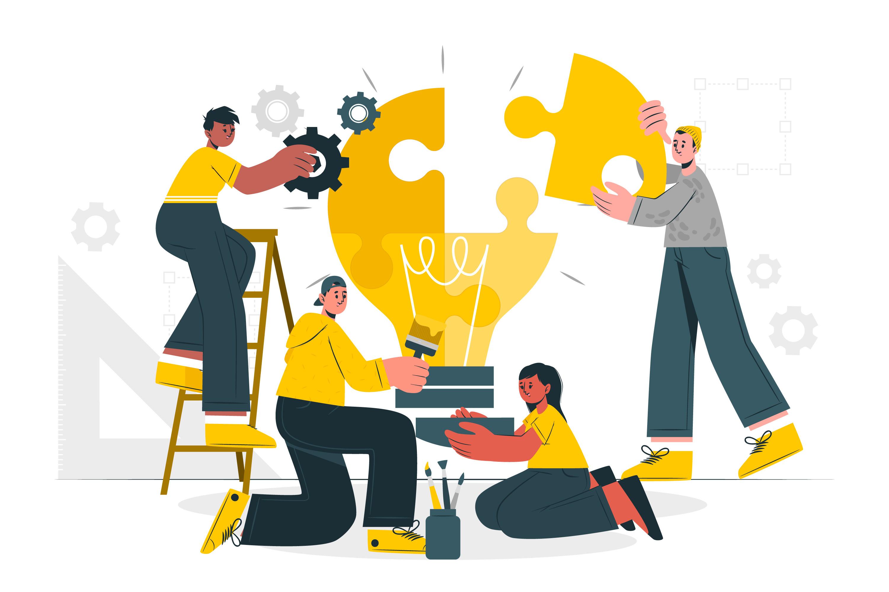 Illustration of four people wearing yellow creating a puzzle of a light bulb