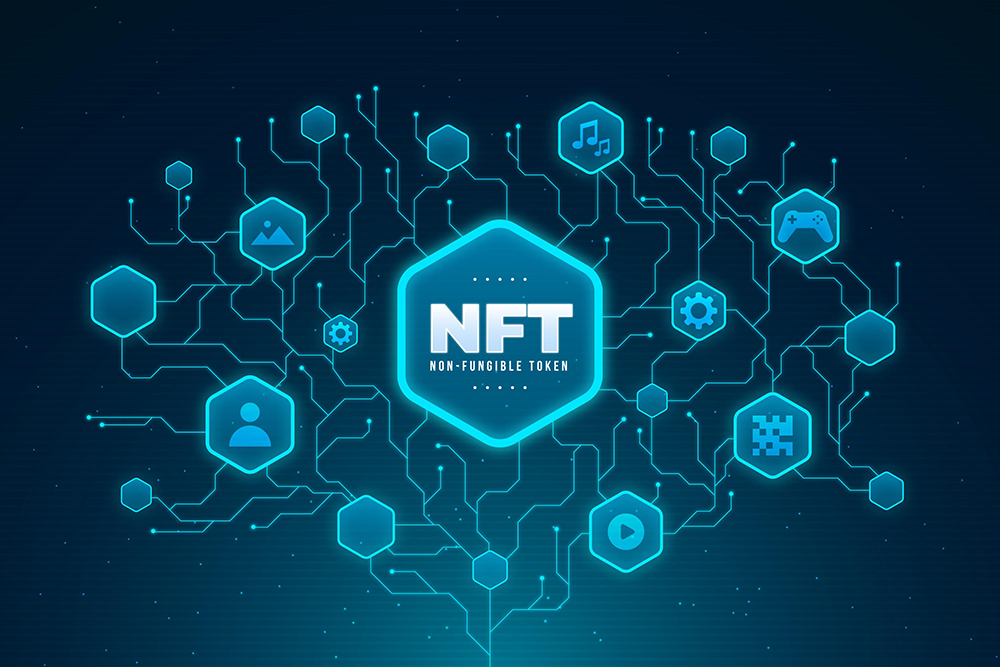 Image of NFT in blue hexagon and person icon, music icon, setting icon, game icon, video idon
