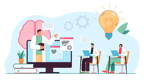 Illustration of a doctor in a hospital having a virtual conference, lecture for another two people