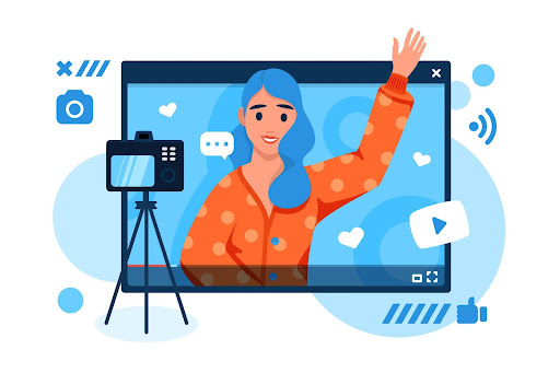 Illustration of a girl/woman with blue hair and orang clothing waving at the camera in a screen to record a video