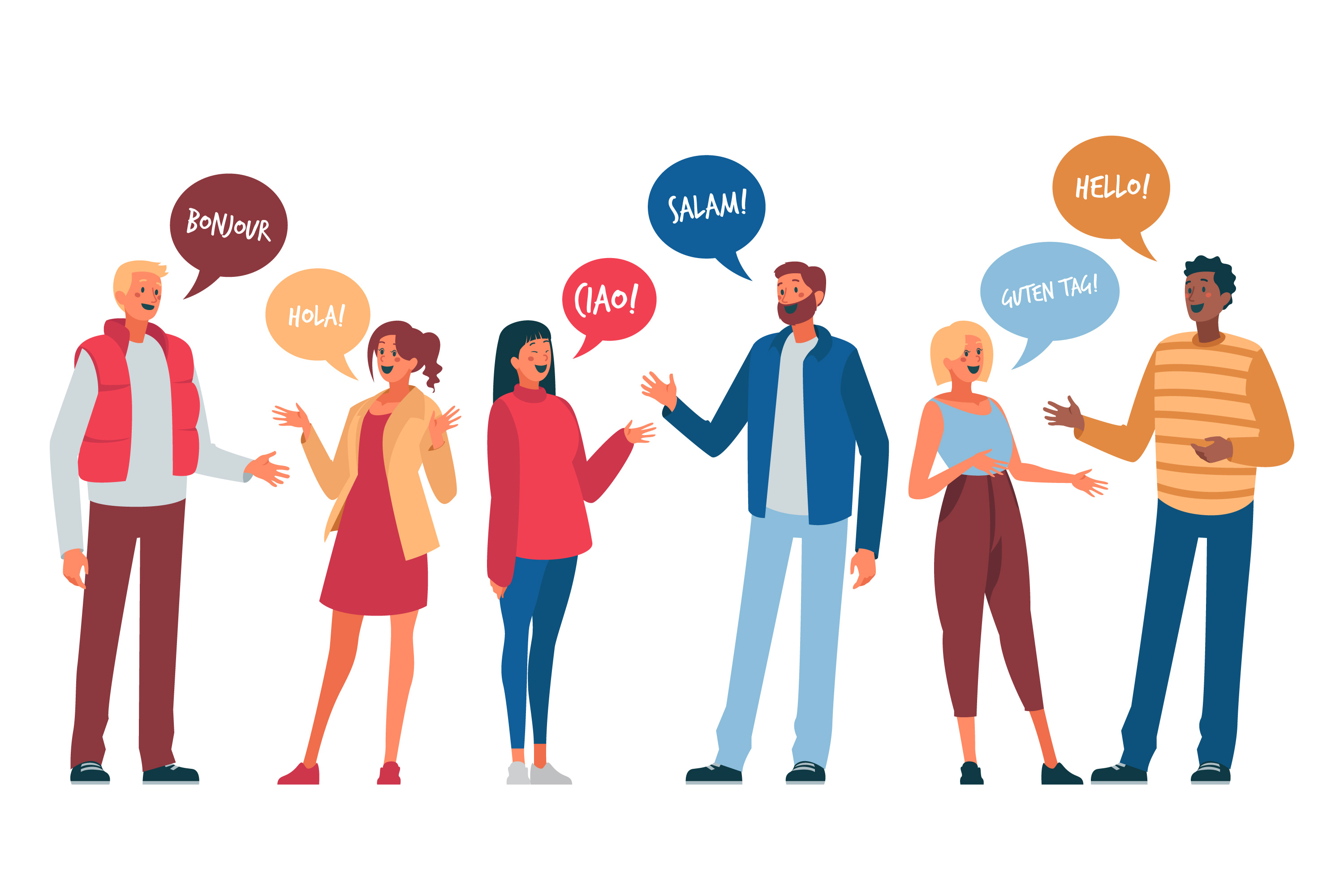 Illustration of six people talking in different languages: Bonjour, Hola, Ciao, Salam, Guten tag, Hello, English, Spanish, Italian, Persian, Arabic
