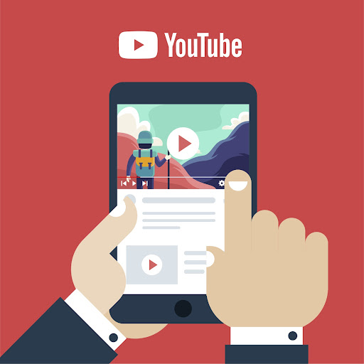 Illustration of two hand interacting with a tablet on youtube