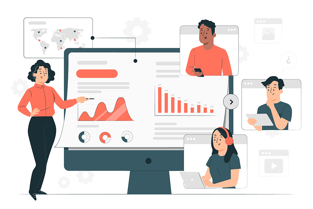 Image of a woman presenting some data to three other people who are listening to het presentation through an online platform