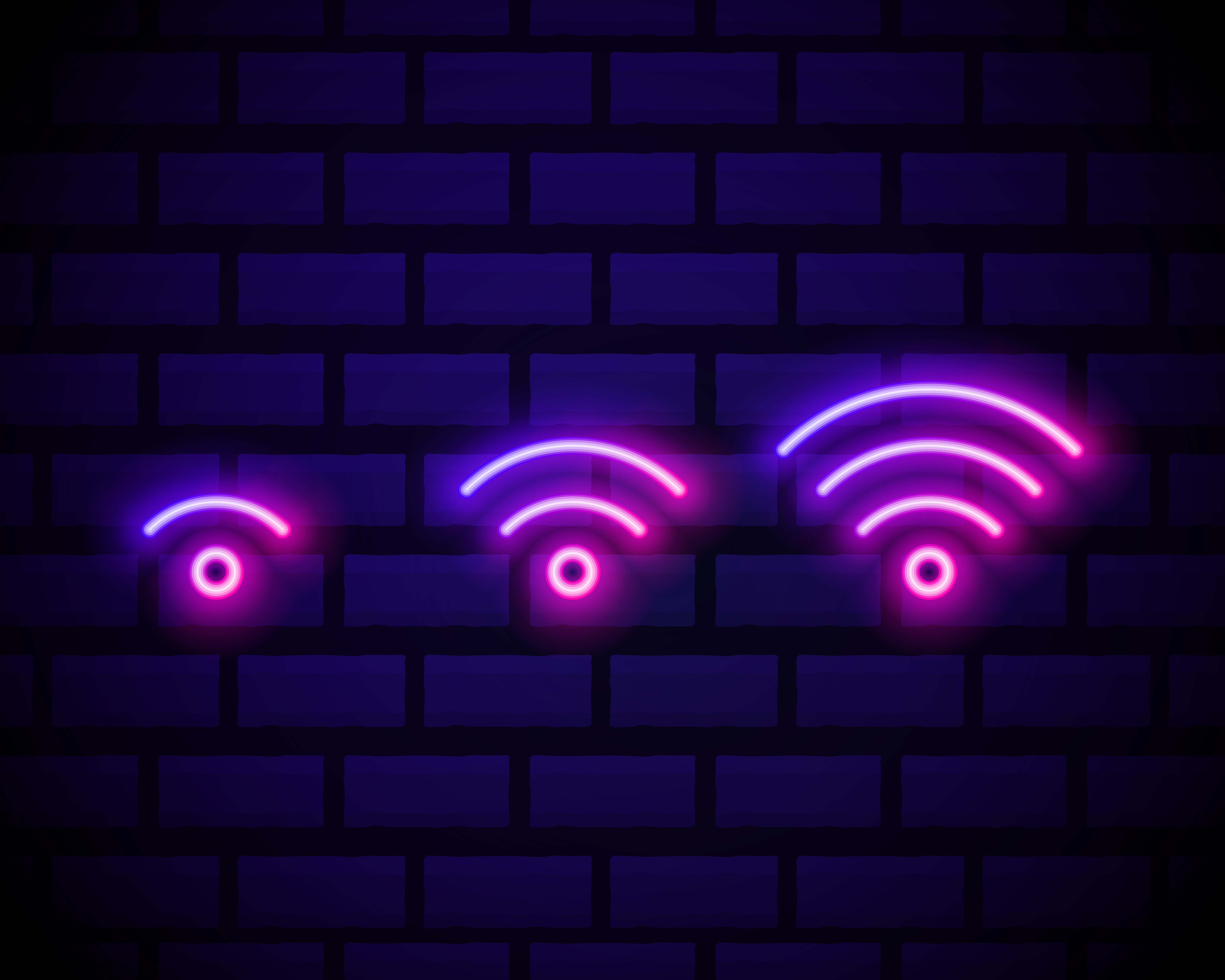 Image of wifi icon, internet, with dark purple background and neon pink and purple lines