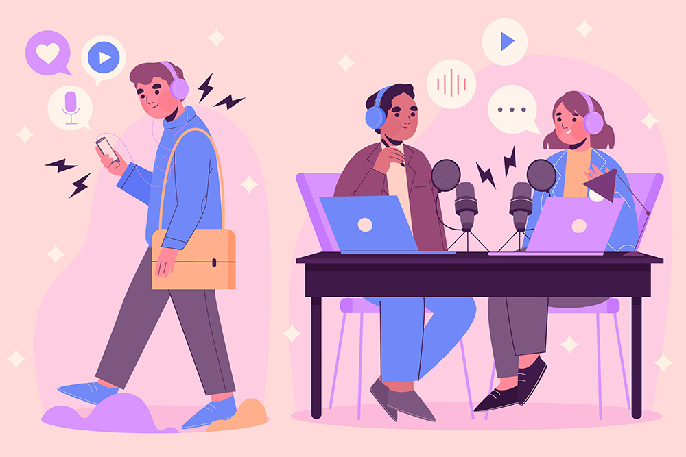 Image of three people , two recording podcast and one listening to podcast on pink background