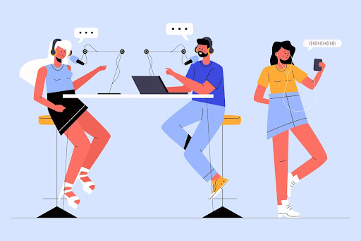 illustration of three people recording podcast