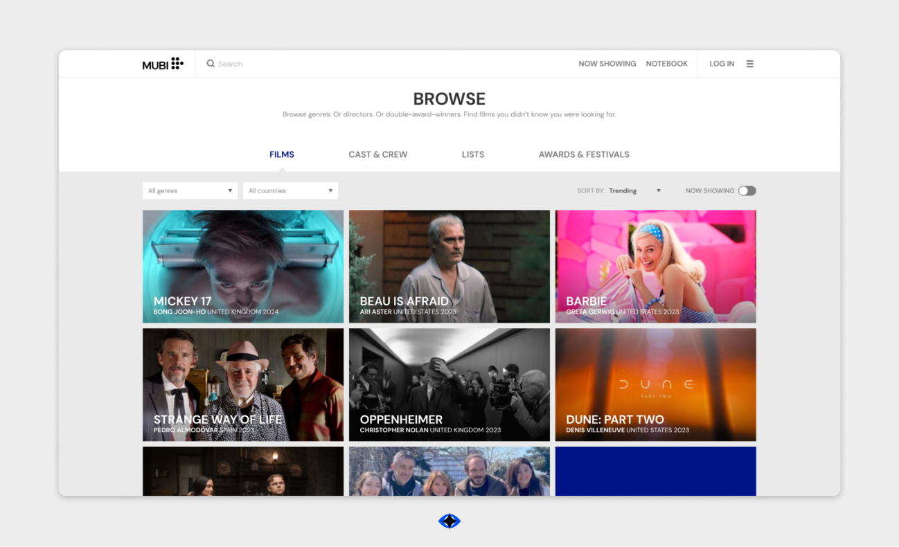Screenshot from the browse page of Mubi, showing a number of films.