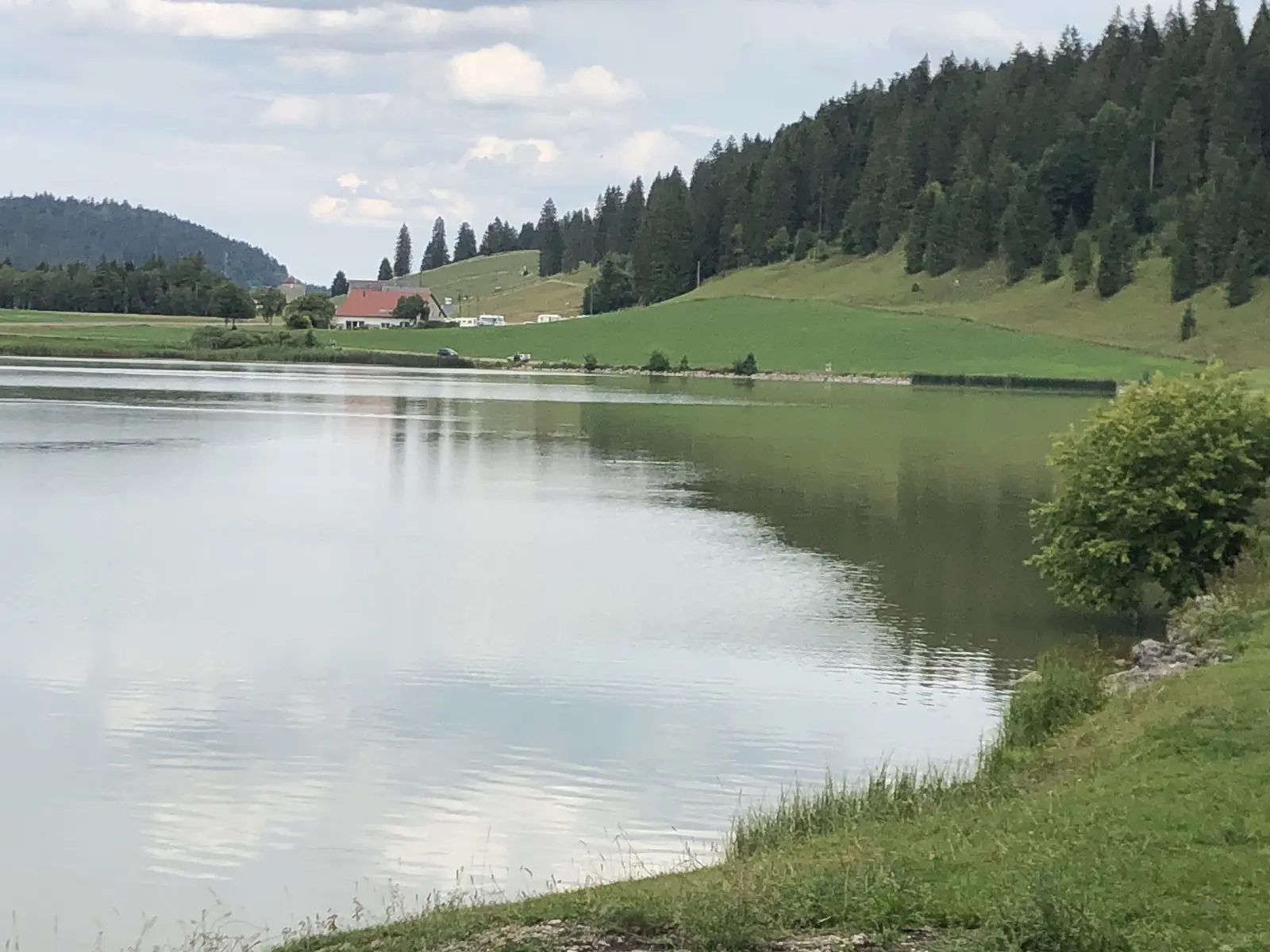 Photo d'un lac au milieu d'une prairie