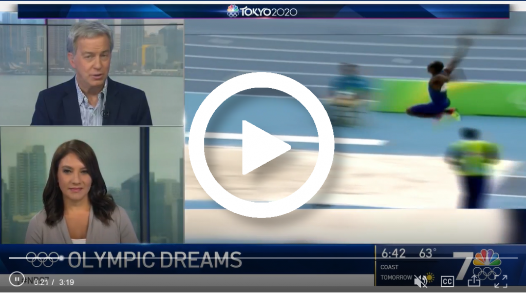 Still shot of NBC 7's news team talking about Lex with image of Lex jumping at the 2021 Paralympic Trials.