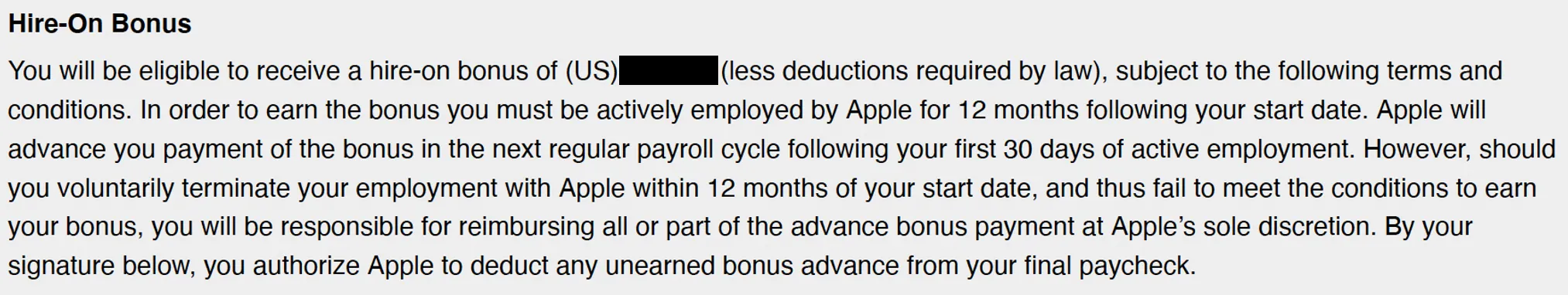 Apple signing bonus offer letter